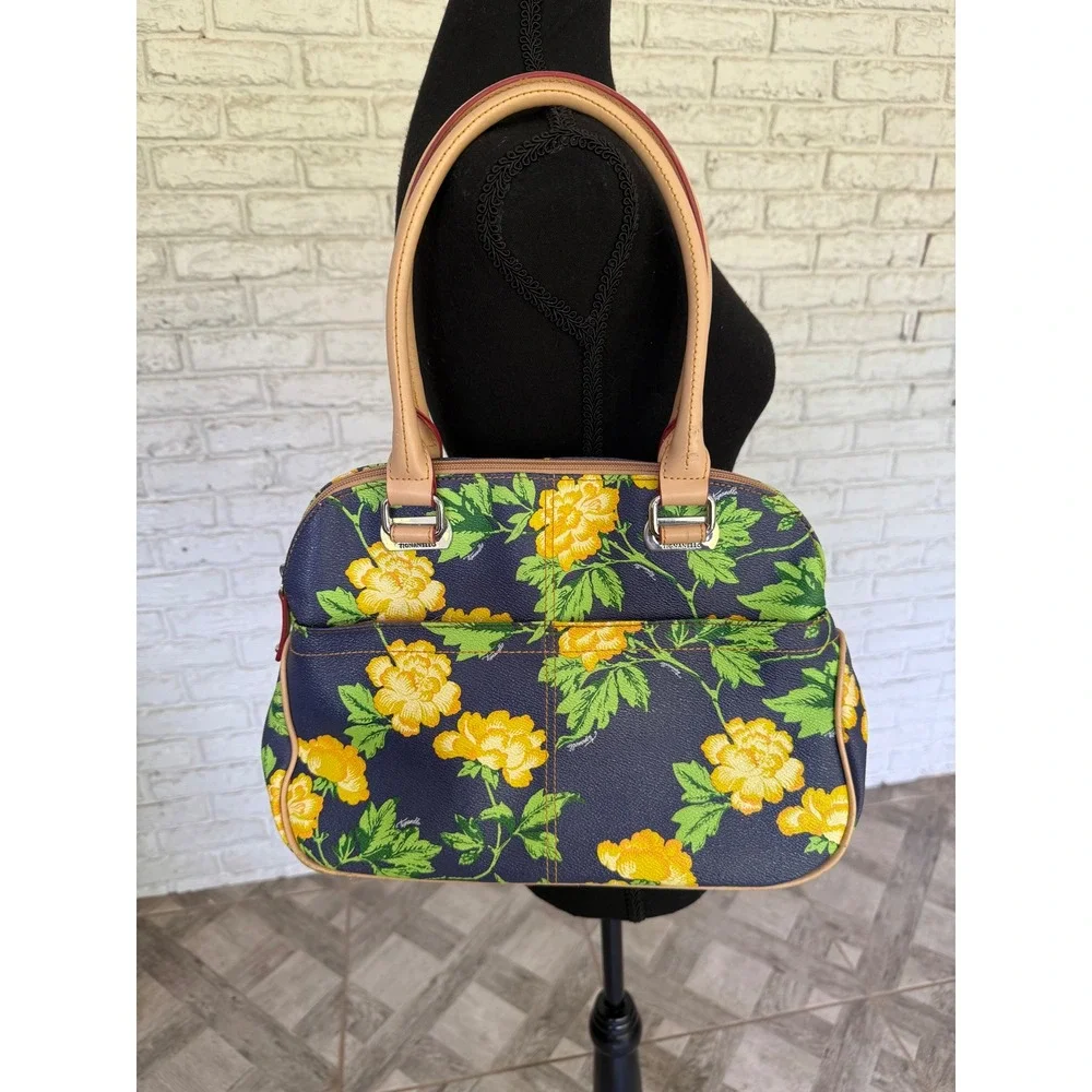 Tignanello Bed of Roses Floral Satchel Handbag Purse Navy Yellow Flower Print